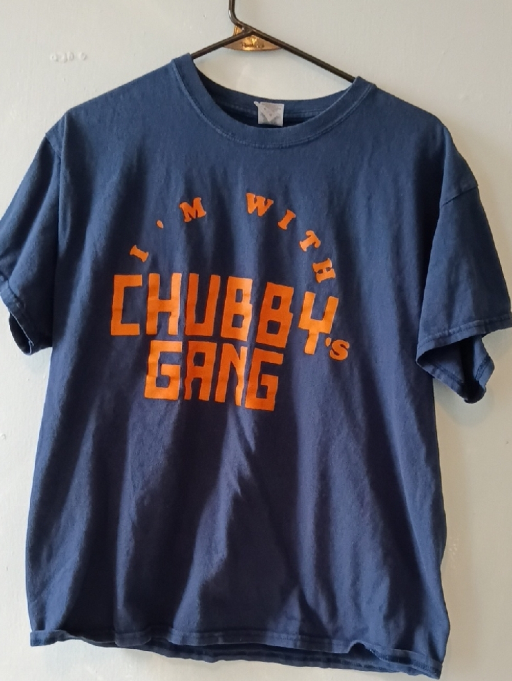 Gildan Navy Short Sleeve Tee with Orange 'Chubby's Gang' Graphic